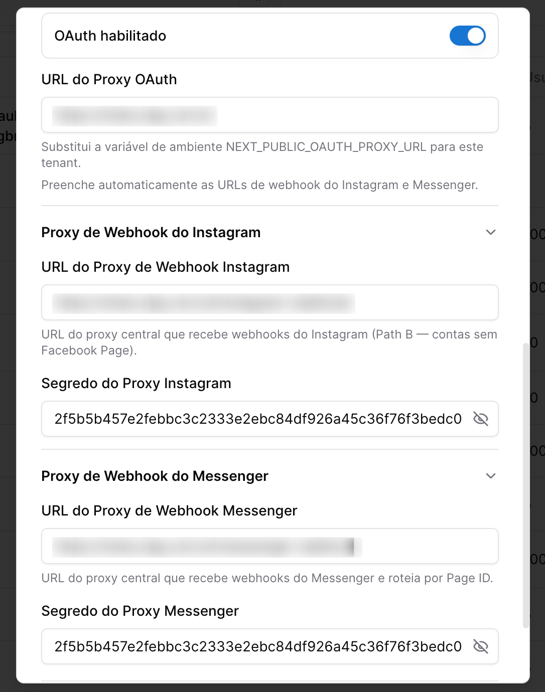 Fluxo de Clientes - tela de configuração do Tenant - oauth instagram e facebook messenger