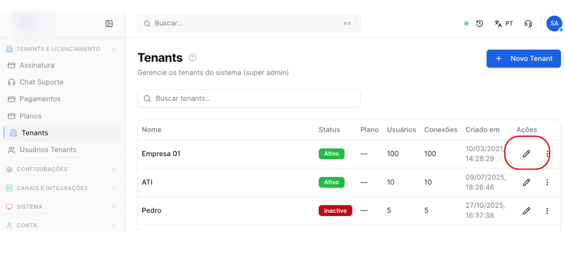 Fluxo de Clientes - tela de gestão de Tenants - como editar tenant